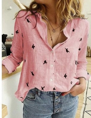 Women's Lapel Long Sleeve Button-Down Shirt Pink - Black Women Blouse