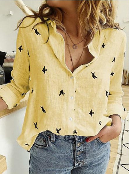 Women's Lapel Long Sleeve Button-Down Shirt Yellow - Black Women Blouse