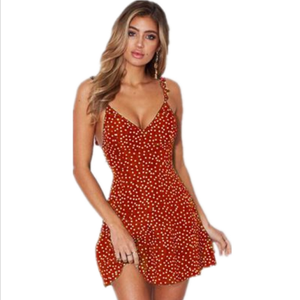 Polka Dot Strappy Side-Slit Midi Dress Red Dresses