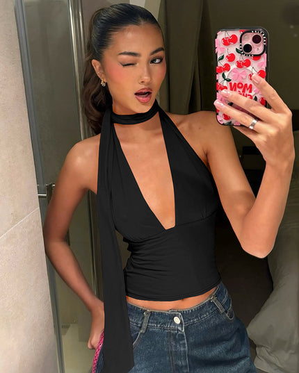 Women’s Deep V-Neck Halter Y2K Summer Crop Top – Sexy Sleeveless Tank Black Dresses