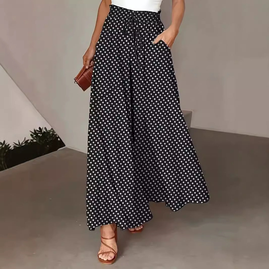Polka Dot Elastic-Waist Wide-Leg Trousers Trousers