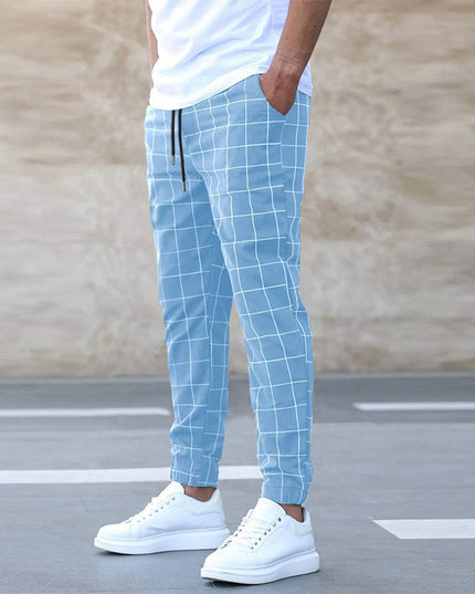 Men's Plaid Drawstring Casual Trousers Sky Blue Trousers