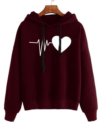 Heart-Print Streetwear Hoodie Wine Red Hoodie
