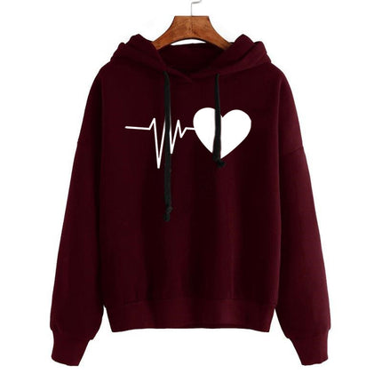 Heart-Print Streetwear Hoodie Wine Red Hoodie