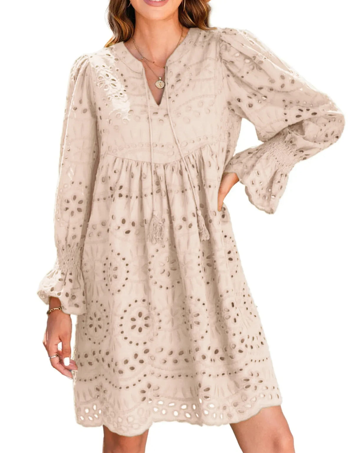 Vintage Eyelet Cotton Midi Dress Khaki Dresses