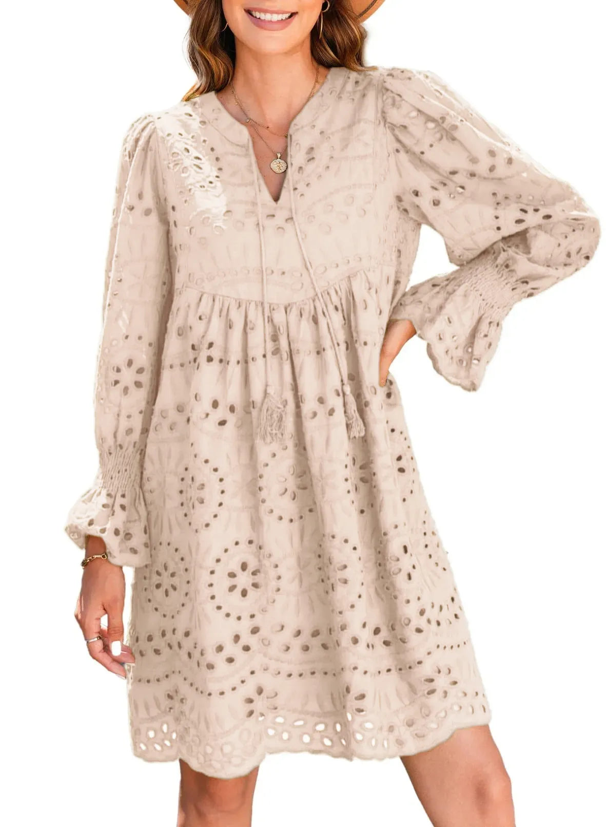 Vintage Eyelet Cotton Midi Dress Khaki Dresses