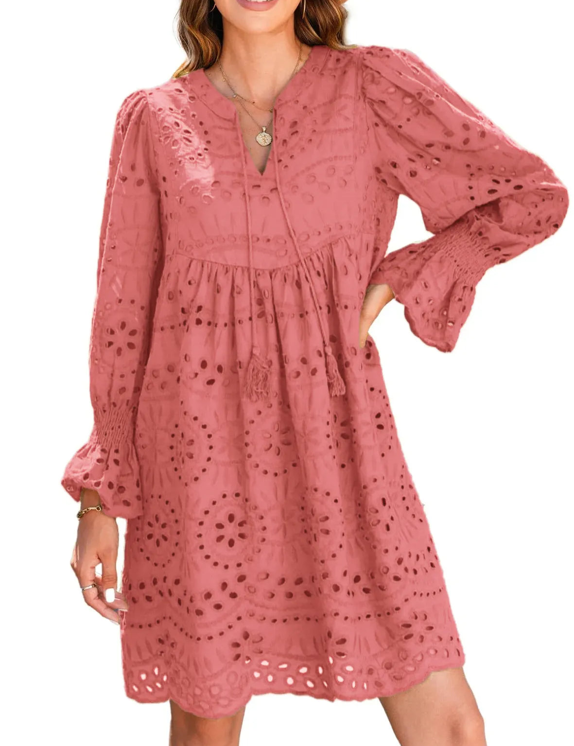 Vintage Eyelet Cotton Midi Dress Rose Red Dresses