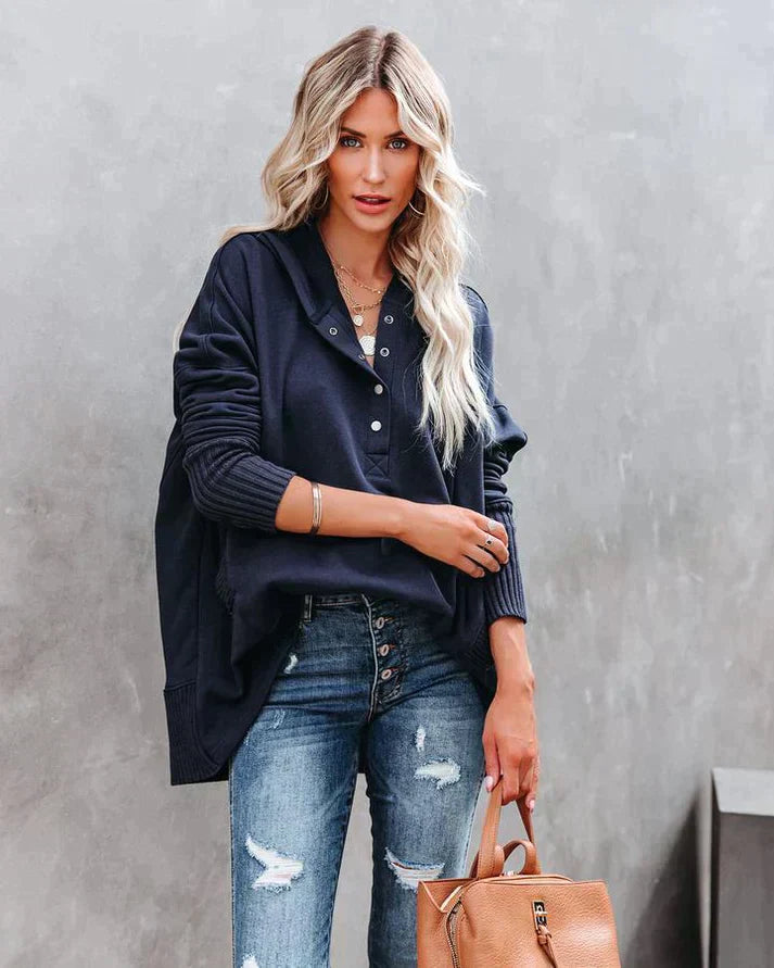 Cozy Fleece V-Neck Pullover Sweatshirt Blue sweaters