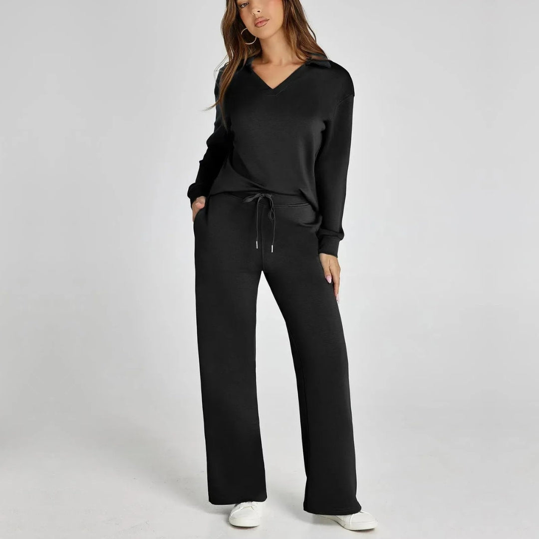 Women’s V‑Neck Long Sleeve Lounge Set Black Outfit Sets