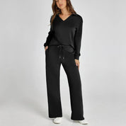 Women’s V‑Neck Long Sleeve Lounge Set Black Outfit Sets