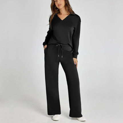 Women’s V‑Neck Long Sleeve Lounge Set Black Outfit Sets