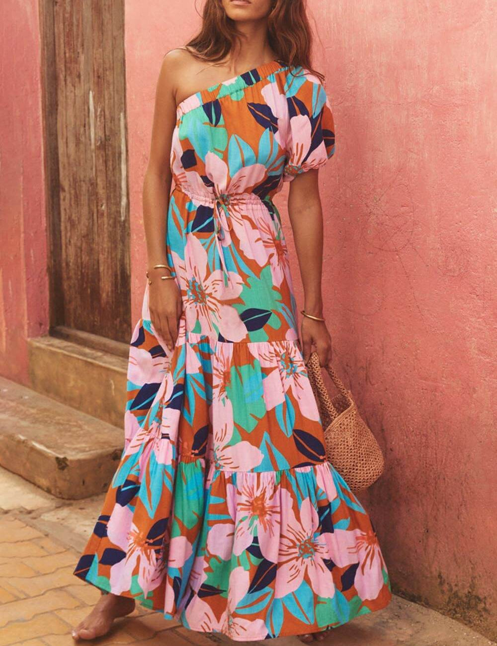 Off-Shoulder Palm Leaf Print Holiday Style Floral Dress Pink Dresses