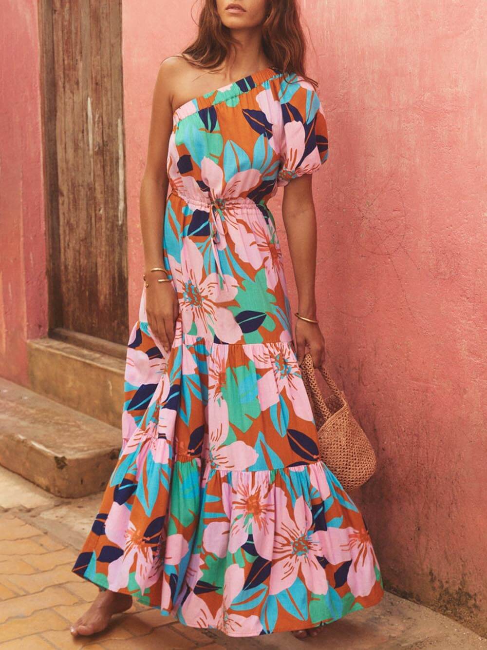 Off-Shoulder Palm Leaf Print Holiday Style Floral Dress Pink Dresses