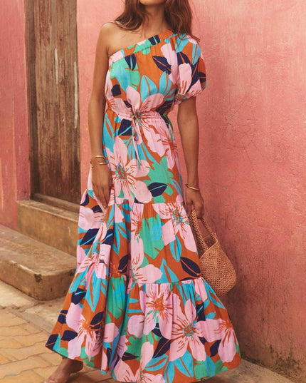 Off-Shoulder Palm Leaf Print Holiday Style Floral Dress Pink Dresses