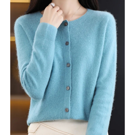 Pure Wool Ladies O-neck Cardigan Cashmere Sweater Light blue Sweater