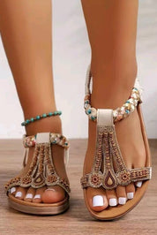 Bohemian Embroidered Flats Sandals Beige Women's Sandals
