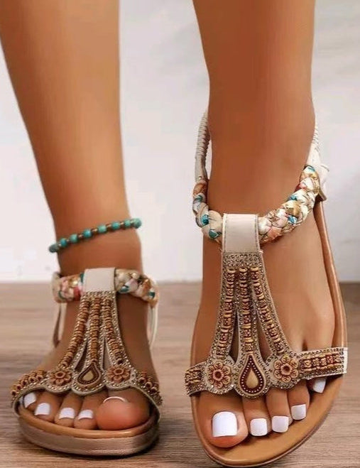Bohemian Embroidered Flats Sandals Beige Women's Sandals
