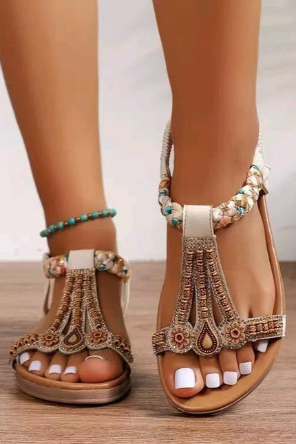 Bohemian Embroidered Flats Sandals Beige Women's Sandals
