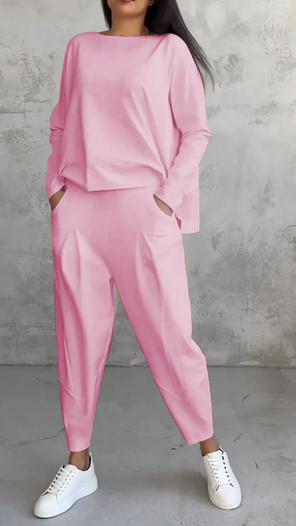 Tara | Women Casual Long Sleeve Suit Pink Outfit Sets