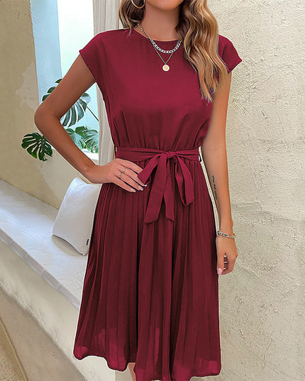Women's Summer Pleated Short Sleeve Dress with Waist Tie Wine Red Dresses