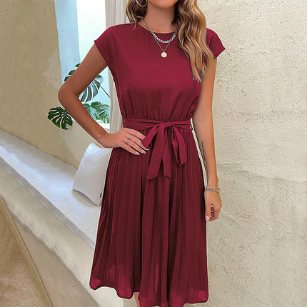 Women's Summer Pleated Short Sleeve Dress with Waist Tie Wine Red Dresses