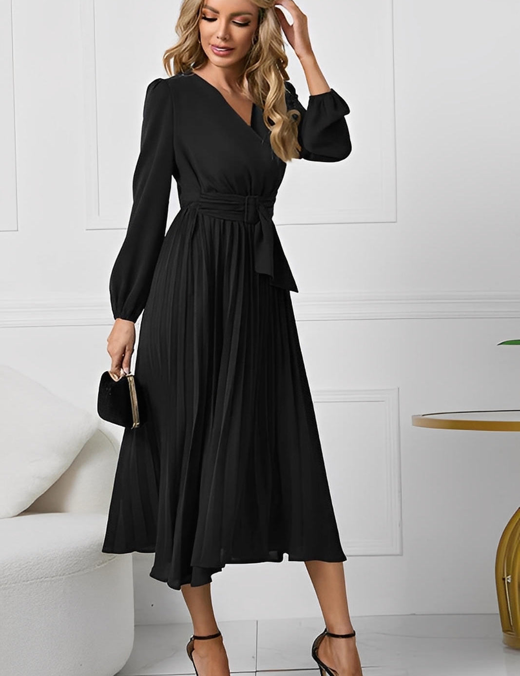 V-Neck Long Sleeve Tie Waist Midi Dress