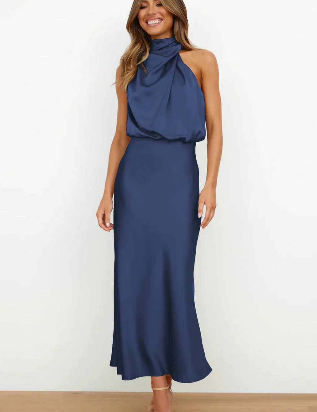 Imelda Satin Halter Evening Dress Navy Dress