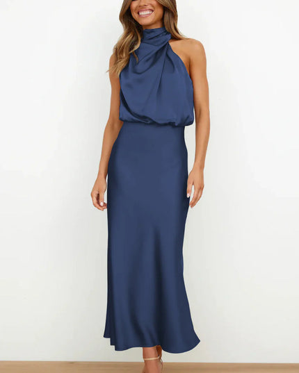 Imelda™ | Long Satin Dress with Halter Neckline Navy Dress