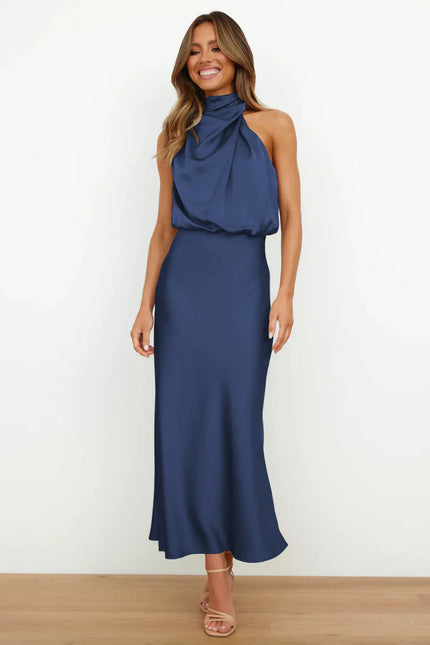 Imelda™ | Long Satin Dress with Halter Neckline Navy Dress