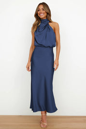 Carlina | Elegant Satin Long Dress with Halter Neckline Navy Blue (Almost sold out) Dresses
