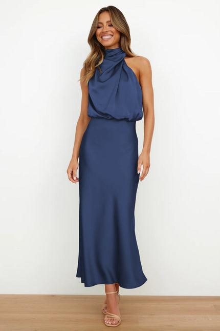 Carlina | Elegant Satin Long Dress with Halter Neckline Navy Blue (Almost sold out) Dresses