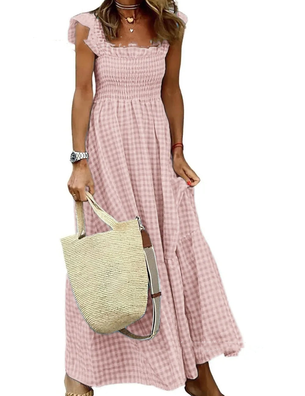 Summer Plaid Sleeveless Ruffle A-Line Dress Pink Dresses