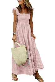 Summer Plaid Sleeveless Ruffle A-Line Dress Pink Dresses