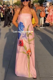 Sequin Floral Off Shoulder A Line Maxi Dress Pink Dresses