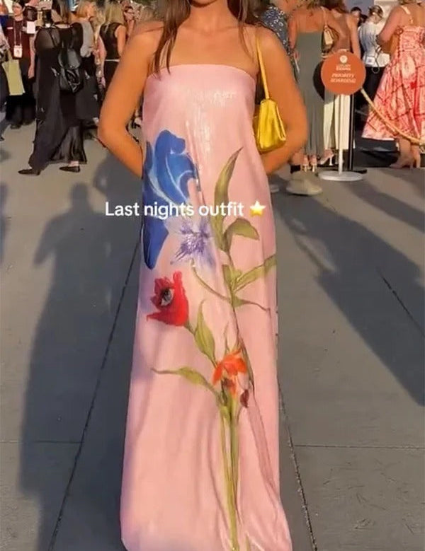 Sequin Floral Off Shoulder A Line Maxi Dress Pink Dresses