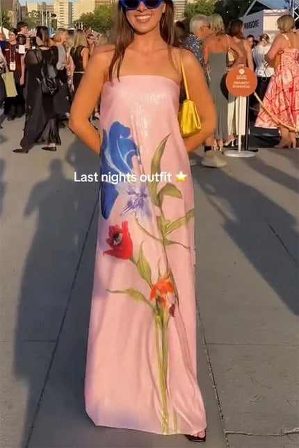 Special Night Sequin Floral Print Off Shoulder A-line Maxi Dress Pink Dresses