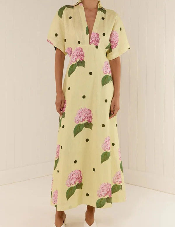 Jasmine Linen Blend Floral Polka Dot Wide Sleeve Shirt Maxi Dress Dresses