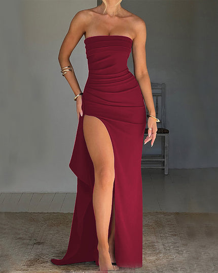 Strapless Pleated Split Long Dress Dresses