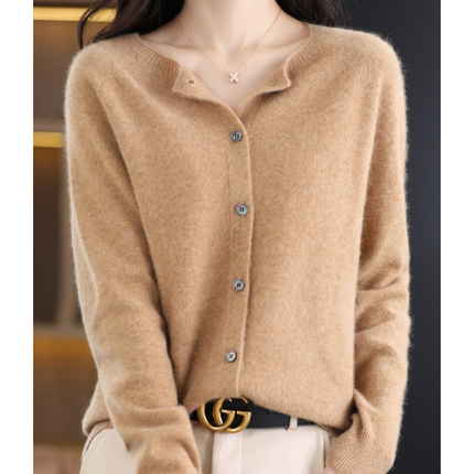 Pure Wool Ladies O-neck Cardigan Cashmere Sweater Light brown Sweater