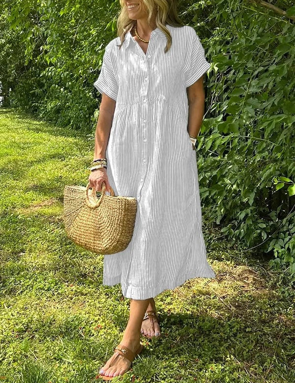 Celira Striped Button-Up Shirt White Dress