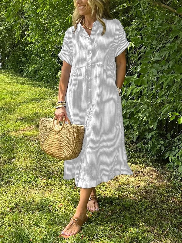 Celira – Striped Button-Up Shirt White Dress