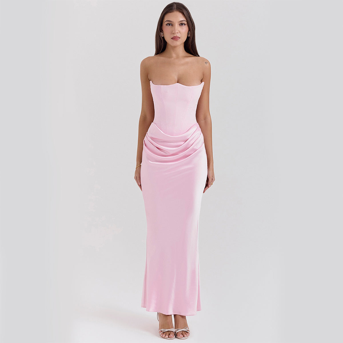 Elegant Strapless Backless Maxi Dress Pink Dresses