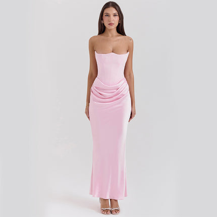 Elegant Strapless Backless Maxi Dress Pink Dresses