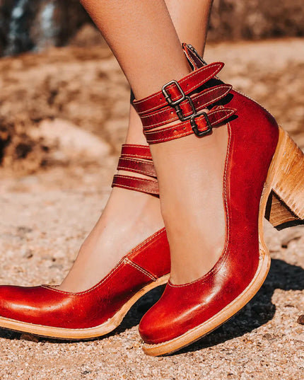 Comfortable and Elegant Thick-heeled Shoes Red Woman Shoes