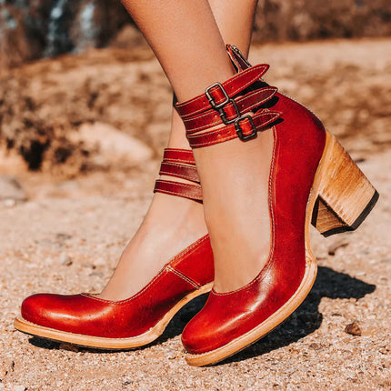 Comfortable and Elegant Thick-heeled Shoes Red Woman Shoes