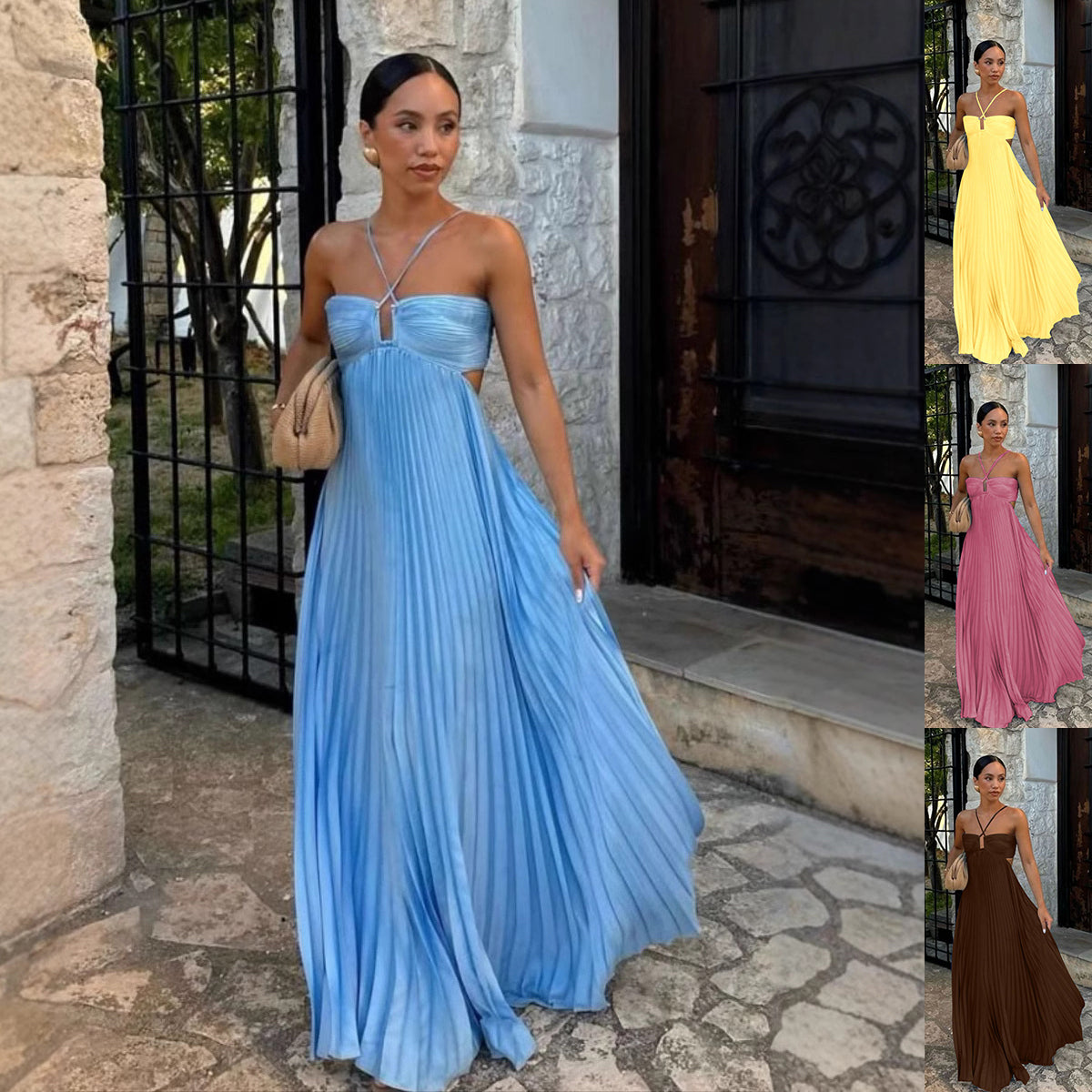 Women's Pleated Sleeveless Sling Dress - Halter High Waist women