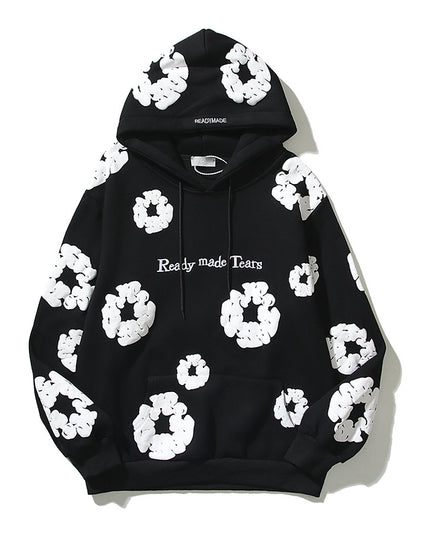 Pure Cotton Kapok Foam-Print Hoodie Sweater Black Hoodie