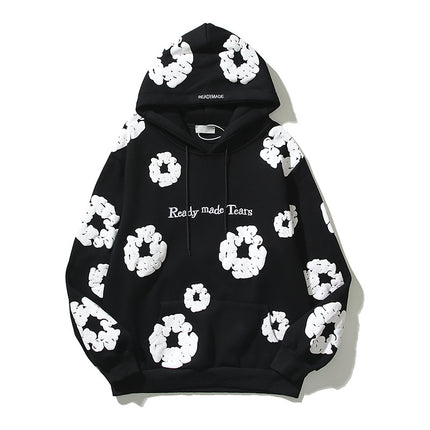 Pure Cotton Kapok Foam-Print Hoodie Sweater Black Hoodie