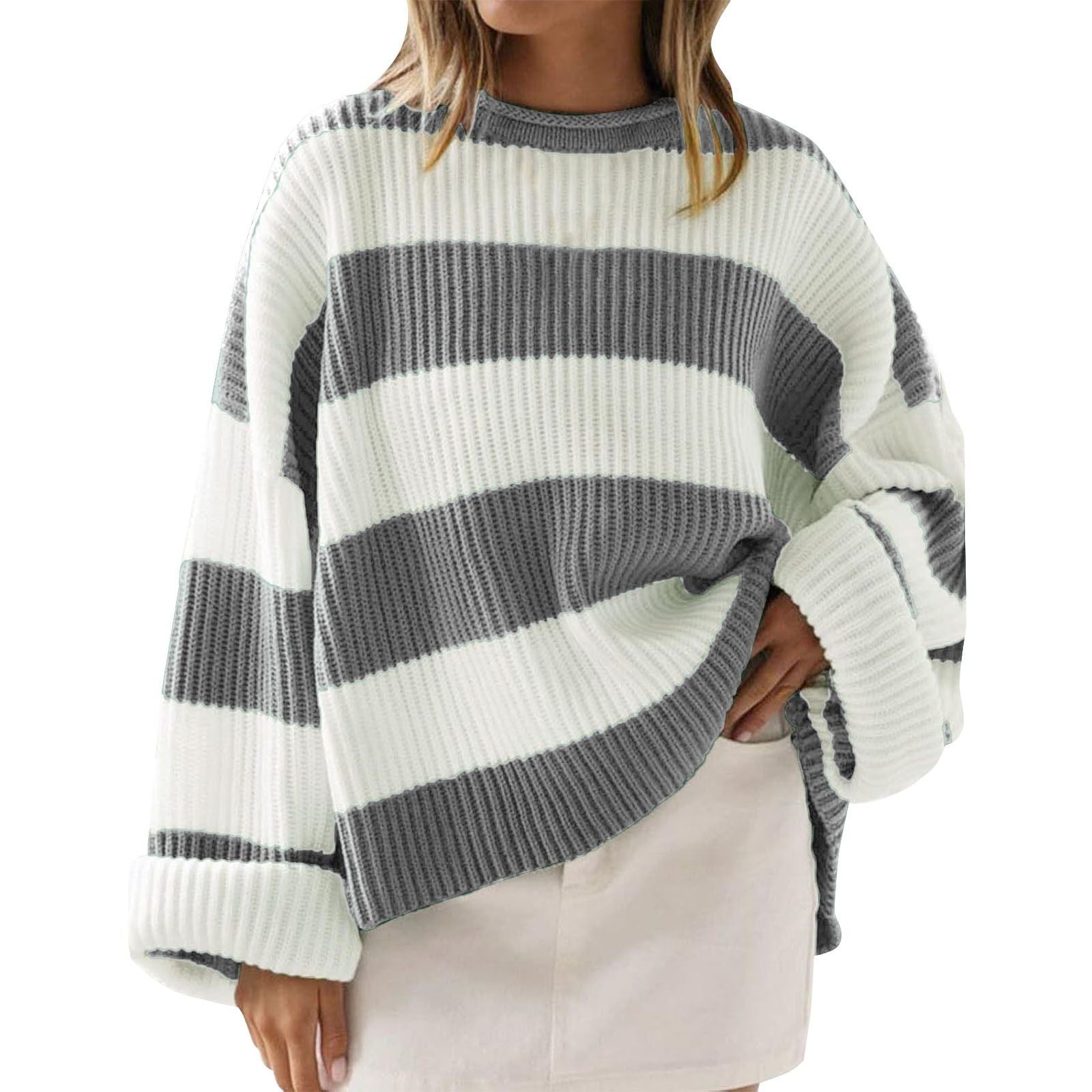 Striped Batwing Sleeve Knit Pullover Woman, Sweaters