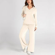 Women’s V‑Neck Long Sleeve Lounge Set Beige Outfit Sets